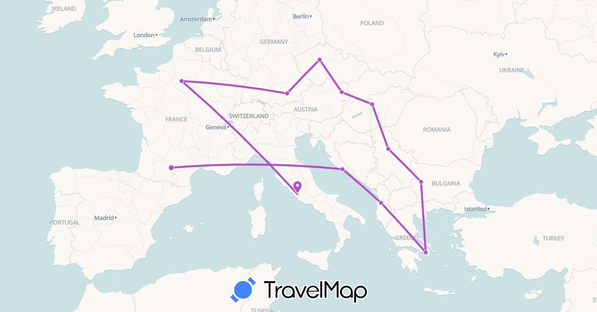 TravelMap itinerary: driving, train in Albania, Austria, Bulgaria, Czech Republic, Germany, France, Greece, Croatia, Hungary, Italy, Serbia (Europe)
